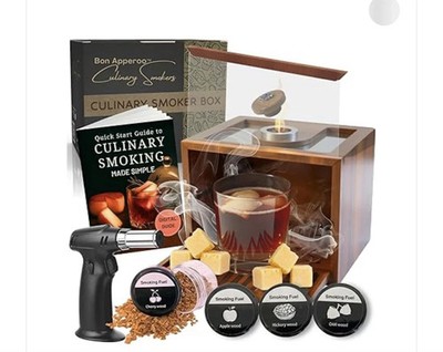 Bon Apperoo Culinary Smoker Box Whiskey & Food Smoker with 4 Wood Chips Set New