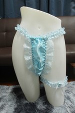  A193 2XL/ElasticW.24-44" Handmade Blue Satin Thong Bikini Panties  Leg bands