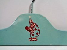CHILD'S VINTAGE 1930's AQUA BLUE WOOD HANGER WITH CIRCUS CLOWN CLOTHING DISPLAY