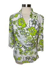 Caribe Floral Faux Wrap Top Retro Floral Ruched Hem Stretch Made in USA XL Boho