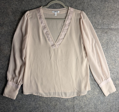 Express Women's M Beige Solid V-Neck Long Sleeve Pullover Blouse