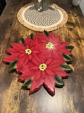 Vintage Wooden Lazy Susan Painted Carved Poinsettia Holiday Collections Etc 13"