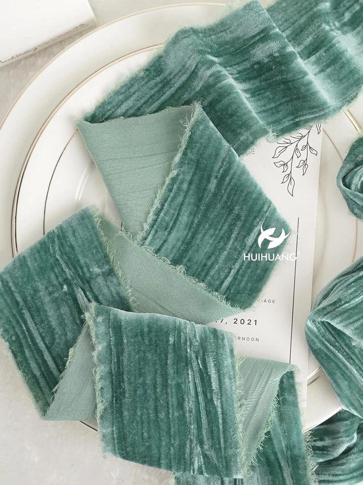 Dusty Green Velvet Ribbon 3 inch Crinkled Frayed Velvet Ribbon Fringe Silk Ve... - Image 3 of 4