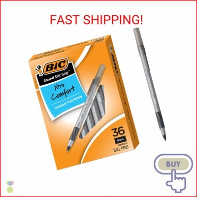 BIC Round Stic Grip Xtra Comfort Black Ballpoint Pens, Medium Point (1.2mm), 36-