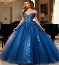 Glitter Navy Quinceanera Dresses Ball Gown Sparkly Puffy Tulle Lace Sweet 16