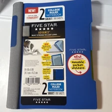 Mead Five Star Blue 2 Subject College Ruled Notebook/ 2-Movable Pockets 100 Pgs