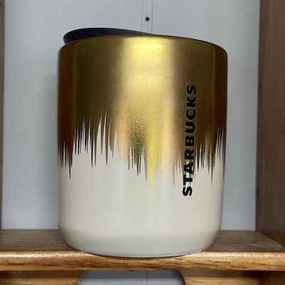 Starbucks Ceramic Coffee Mug 12 fl oz White Gold Drip w/ Lid 2-Piece Set