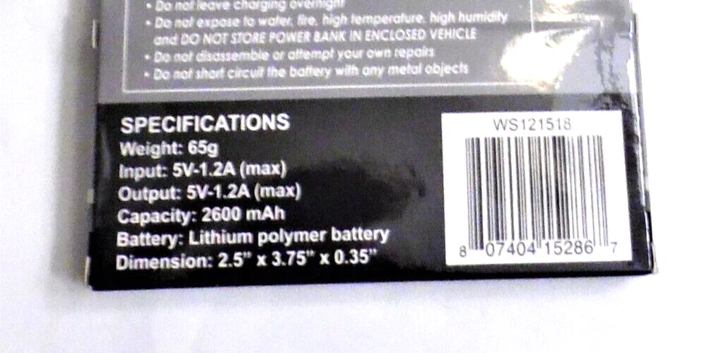 Power Bank Ultra Thin rechargeable barnd new 2600 mAh Gray Micro usb included