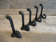 5 BLACK COAT HOOKS CAST IRON ACORN 3 1/4" LONG HOOK HAT WALL SCHOOL TOWEL  