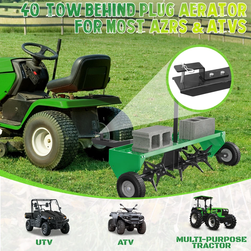 Steel 40" Lawn Aerator Tow Behind W/ Universal Hitch for Lawn Plug Aerator Green - Image 2 of 4