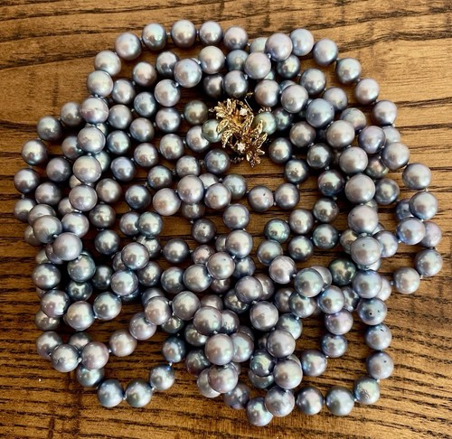 Vintage Three Strand Blue Peacock Pearl Necklace with 14K Gold & Diamond Clasp - Picture 12 of 13