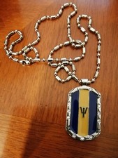 Barbados Flag Necklace/Diamante Dog Tag Chunky BallChain Length 42" incl Pendant