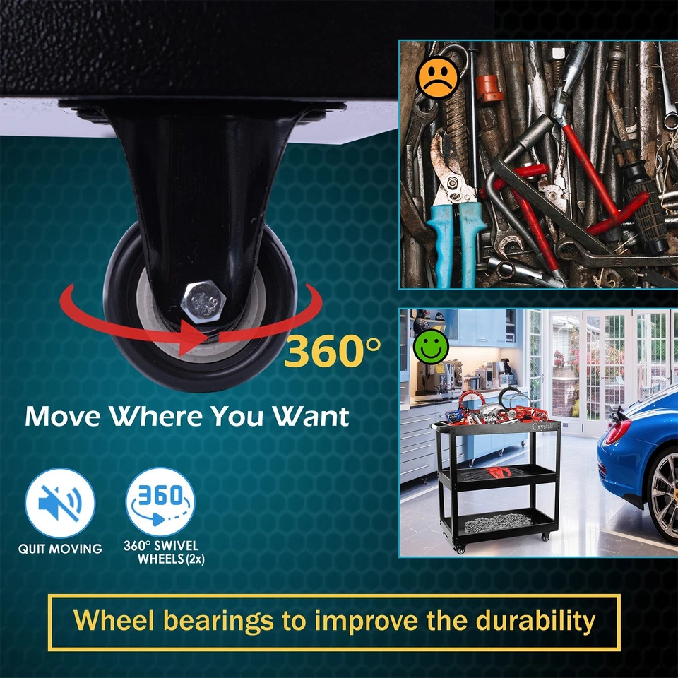 Tool Storage Heavy Duty Garage Trolley Workshop 3 Tier Wheel Cart DIY Black UK - Image 4 of 4