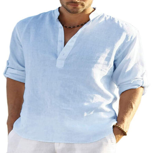 Mens Cotton Linen Long Sleeve Shirt Solid Loose Blouse Button Down Tops T Shirt - Picture 3 of 26