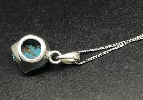 Mohave turquoise round pendant solid Sterling Silver 13mm, adjustable chain, box - Picture 4 of 10