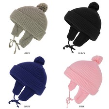 Infant to Toddler Winter Cuff Folded Beanie with Pom and Earflaps - FREESHIP
