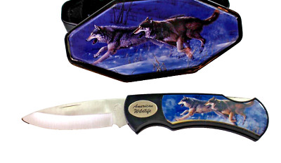 Frost Cutlery American WildlifeSeries Wild Wolfs Lockback Pocket Knife 7'' in Tin