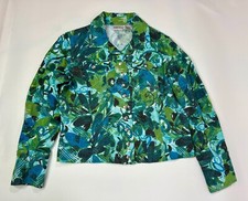 Women  s Chico's Snap Front Jacket Tropical Print Size 1 Medium Blues  Greens