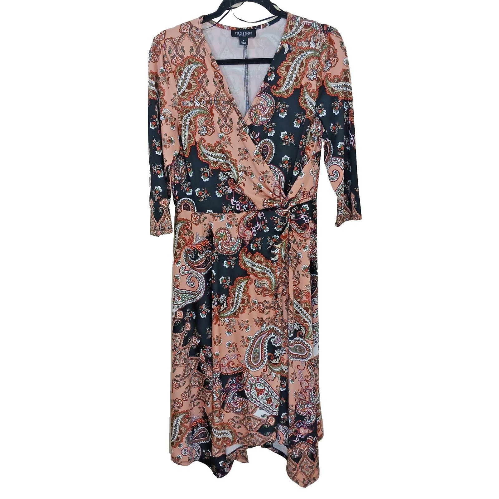 Perceptions NY Faux Wrap V-Neck 3/4 Sleeve M Pink Paisley Gathered A-line Dress