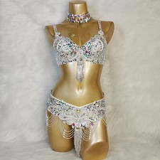 Beaded Belly Dance Costumes Wear Bra Belt 2pc Sets Ladies Bellydancing Costumes