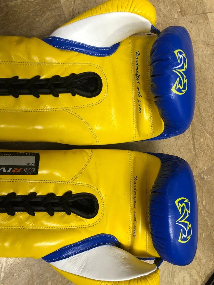 Custom Made Boxing Gloves Real Cowhide Leather Sparring Gloves 16OZ YELLOW Blue - Image 4 of 4