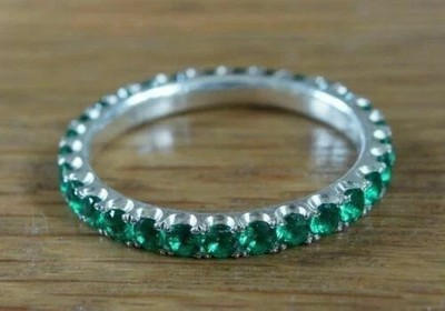 14K White Gold Plated Full Eternity Band Wedding Ring Simulated Round Emerald