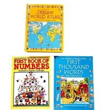 Usborne Books Lot 3 Educational Set Kids Atlas Numbers French First 1000 Words