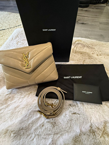 Saint Laurent Toy LouLou Dark Beige Chevron Crossbody Bag, full set