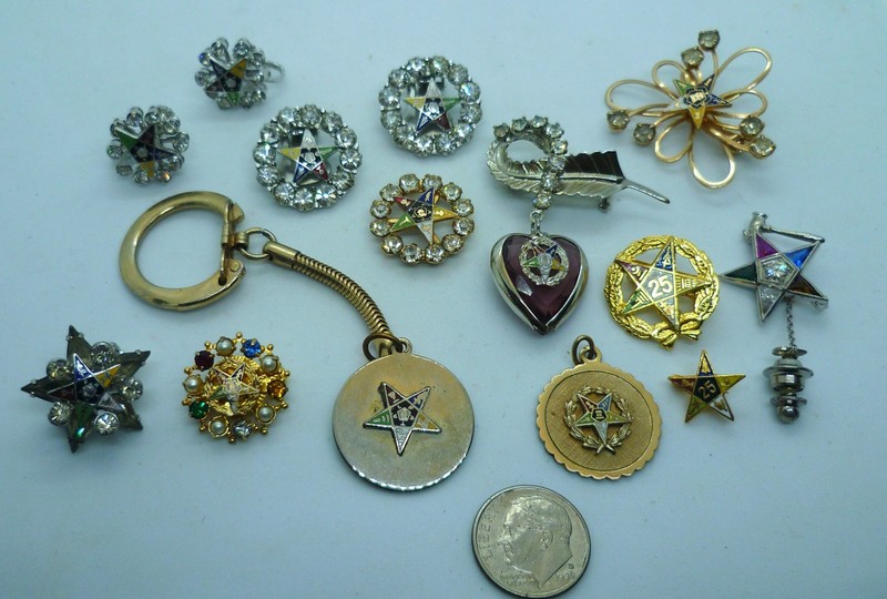 Vintage Eastern Star Catholic Pin Earring Key Chain LOT Rhinestone Enamel Pearl