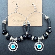 Evil Eye Hoop Earrings Black Beaded Rhinestone Nazar Protection Jewelry NEW