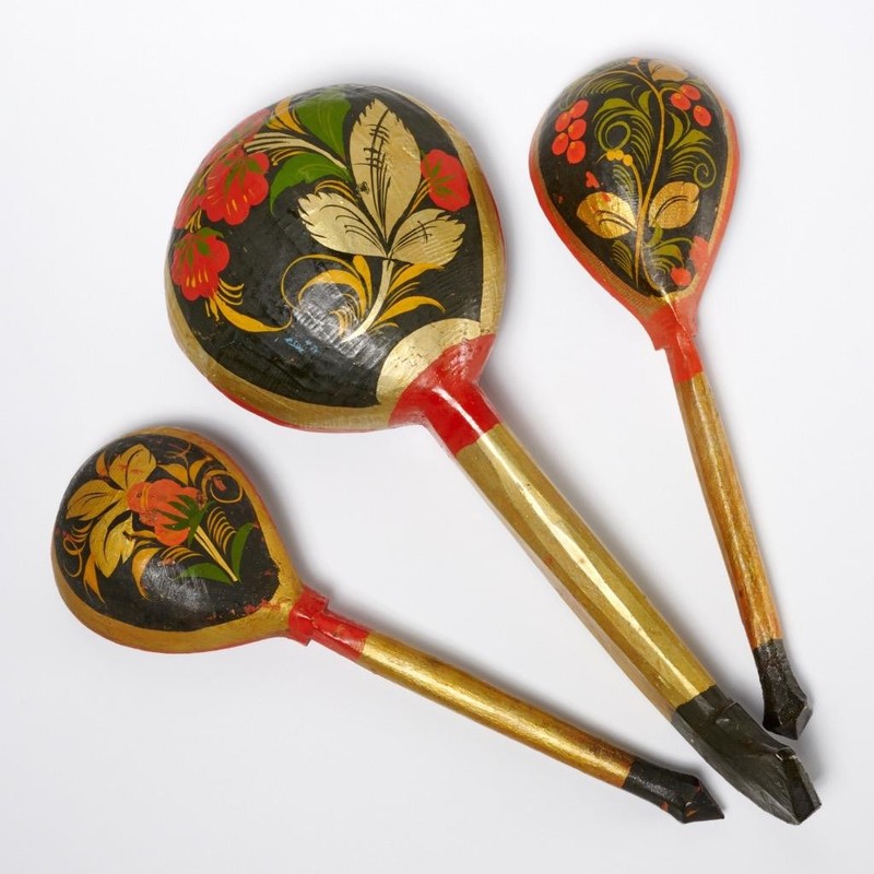 Vtg Russian Khokloma Red Black Fruits Berries Gold Ladle Serving Spoon 3pc Lot