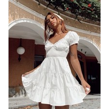 Altar'd State White Smocked Sweetheart Mini Dress L Little White Dress Bridal