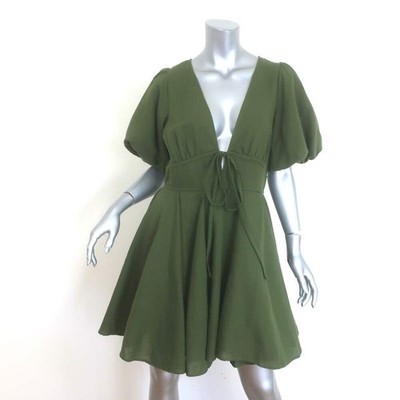 Rhode Madeline Puff Sleeve Mini Dress Chive Linen-Cotton Size 8