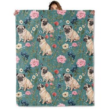 Pug Floral Blanket Flannel Throw Dog Lover Soft Cozy Floral Gift 50x60 Inch