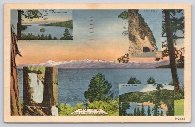 Lake Tahoe Gem of the Mountains Multi-View Nature Postcard Reno c1940 Postmark