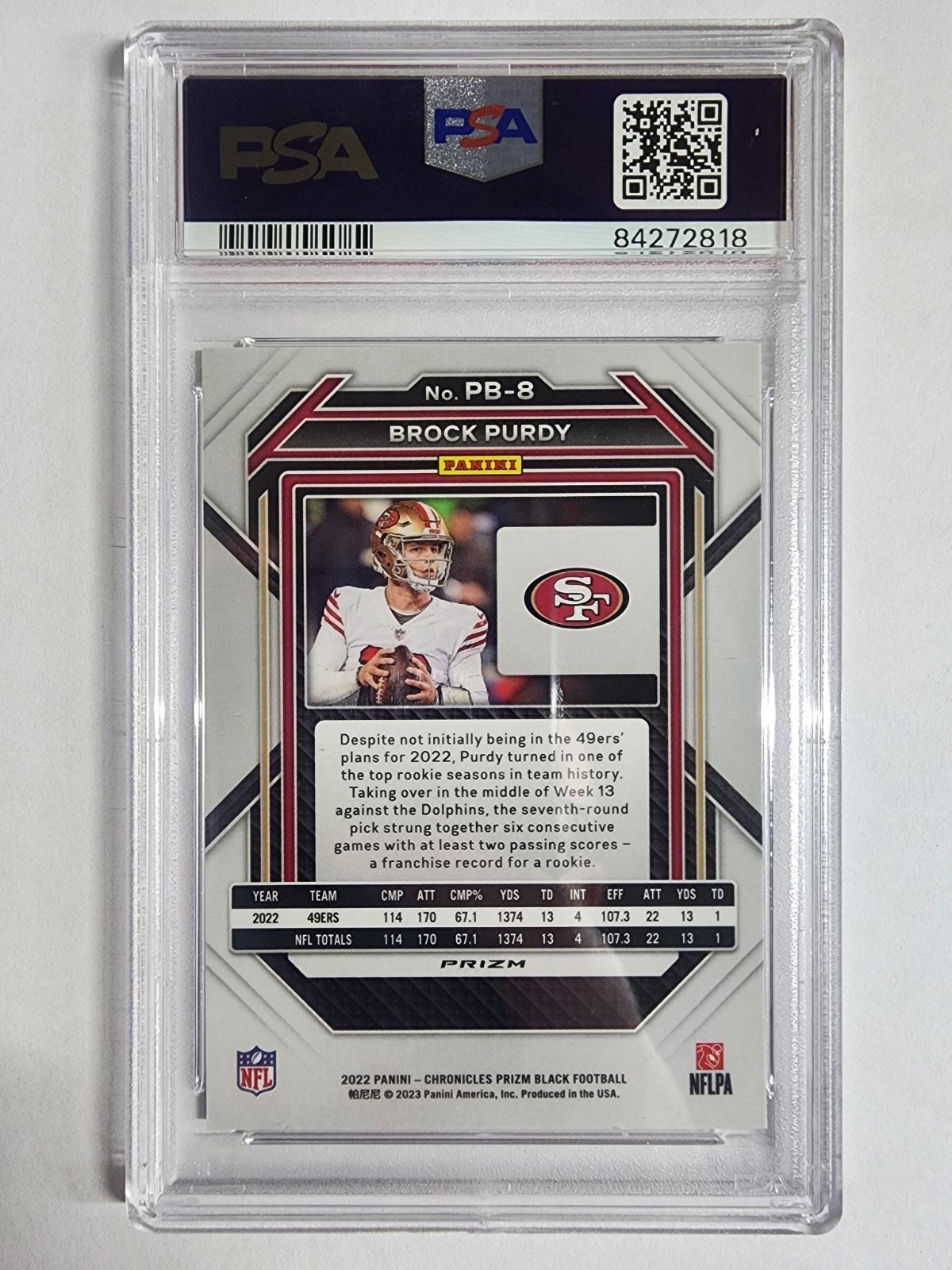 2022 Chronicles Brock Purdy (RC) Prizm Black SILVER #PB-8 Rookie PSA 9 view 2