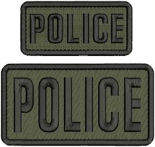 POLICE EMBROIDERY PACHES 3X6 AND 2X4.5 HOOK ON BACK BLACK ON RANGER GREEN