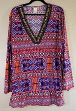 La Blanca Large Resortwear Tie Dye V-Neck Tunic Swim Cover Up Multi Color