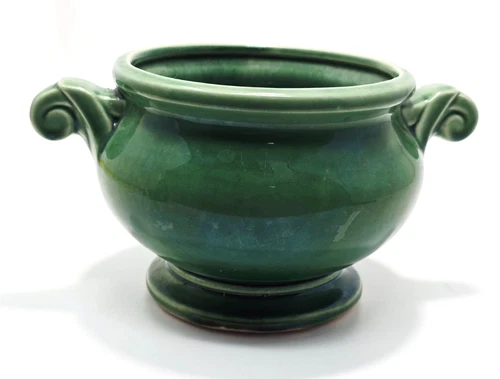 Original McCOY POTTERY GREEN Scroll Handle JARDINIERE PLANTER - 7 1/2" Long x 4"