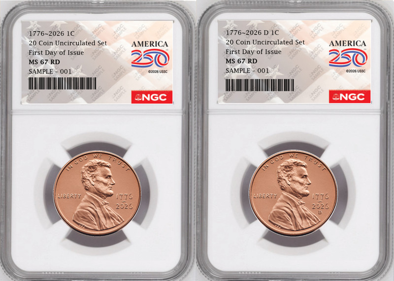2 Coin set, 1776-2026 P & D  Lincoln Cent , NGC MS 67 RD FDOI, 250 Flag Presale
