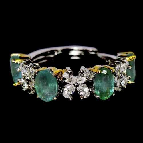 NATURAL AAA GREEN EMERALD OVAL & WHITE CZ STERLING 925 SILVER RING FREE SIZE
