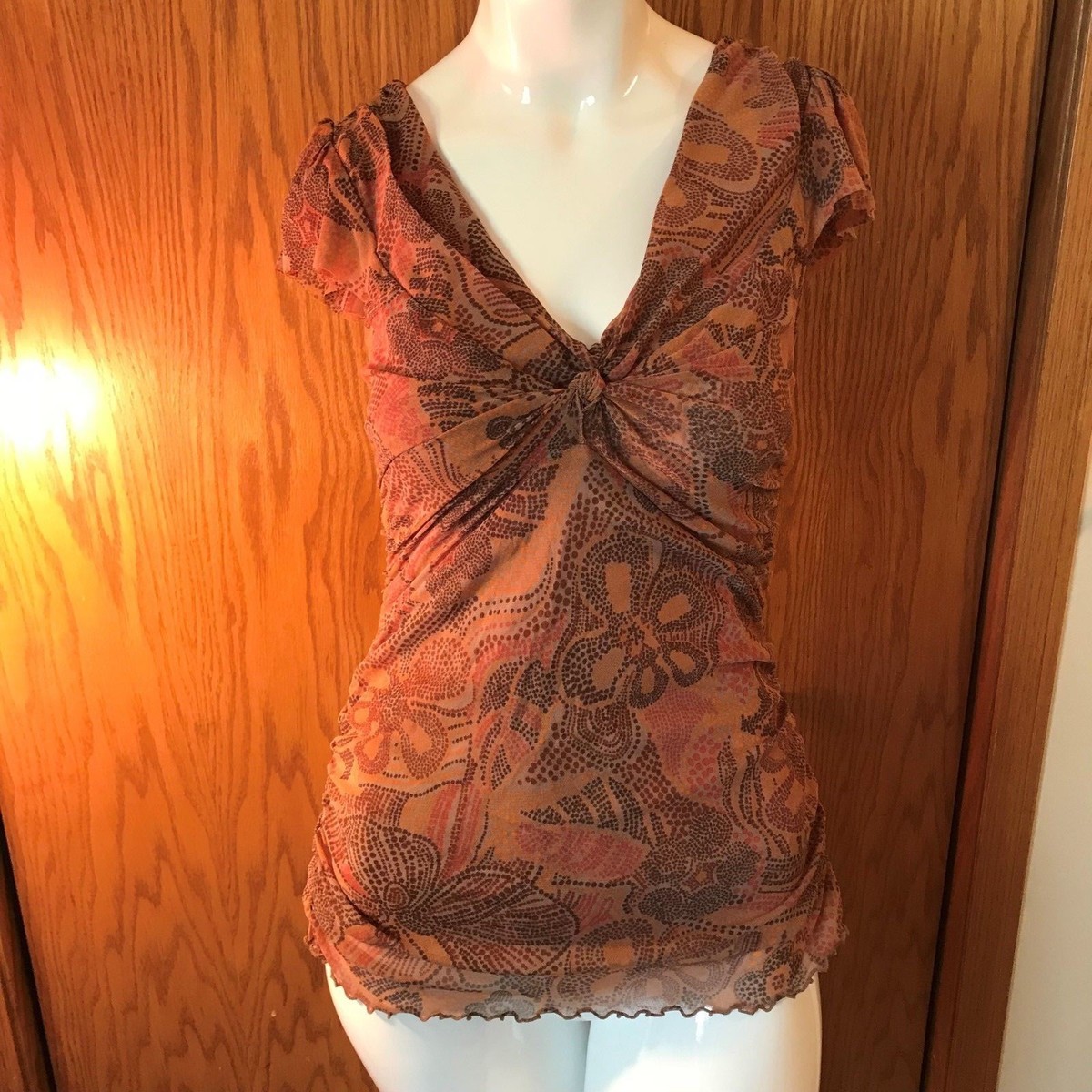 Mimi Maternity womens top sz L low cut ruffled sleeve brown | eBay