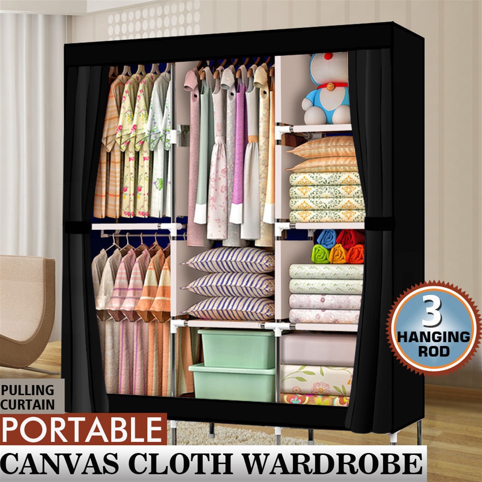 71 Inch Portable Wardrobe Closet with Shelf for Clothes Storage Organizer Black USA-image