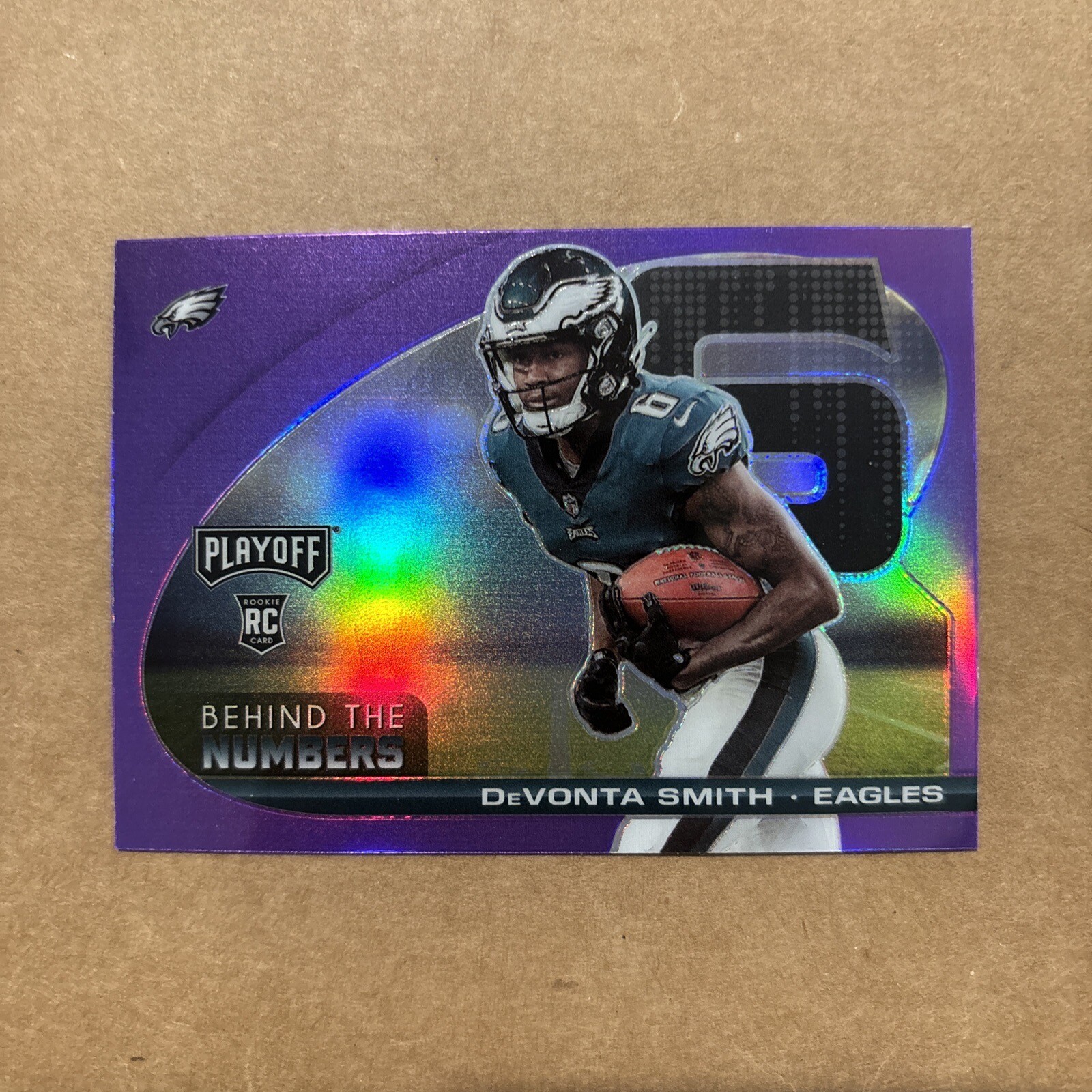 2021 Devonta Smith RC Panini Playoff Behind the Numbers Purple Prizm RC Eagles