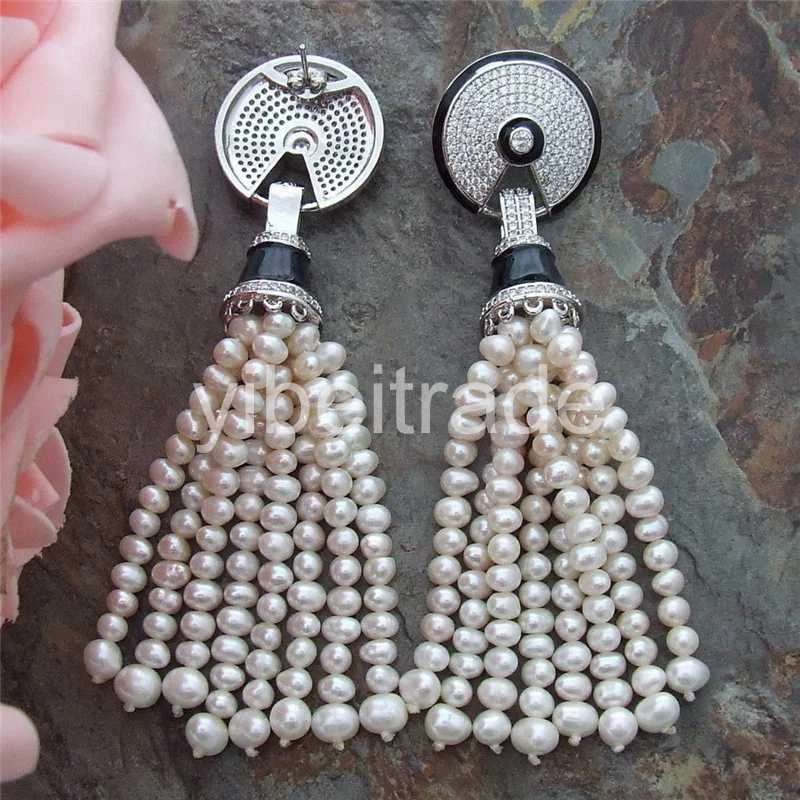 Серьги с фианитами 4 дюйма 4-5 мм белый пресноводный культивированный жемчуг кисточки - Изображение 2 из 4