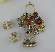 Vintage Large 5" Flower Basket Brooch Faux Pearl Clip on Earrings