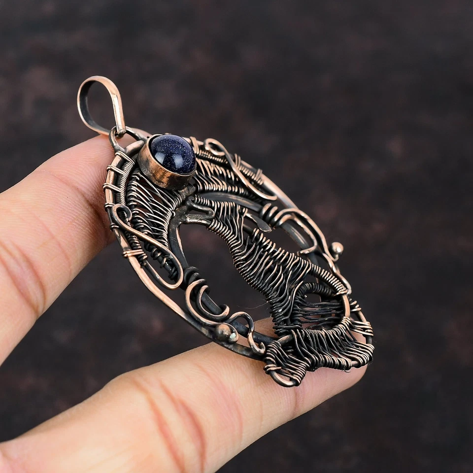 Colgante de cobre para cumpleaños hija de cumpleaños perro envuelto en alambre de piedra solar azul natural Foto 3 de 4