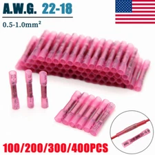 200/400PCS 22-16 AWG Heat Shrink Crimp Terminals Butt Wire Connectors Red Gauge