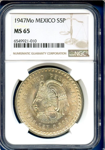 1947 Mo Mexico NGC MS65 Silver 5 Pesos S5P Cinco Pesos Cuauhtemoc Coin MS-65 