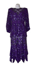 B2 Auth JUDITH ANN CREATIONS Vintage Purple Beaded Sequin Long Sleeve Dress Sz M